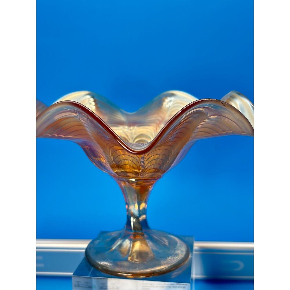 Antique Carnival Glass Compote Peacock Tail Marigold Iridescent Ruffled